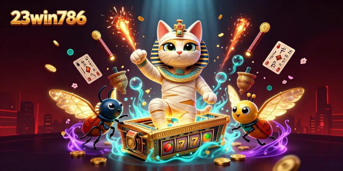 Experience big wins at 23win786 with an exciting 3D casino scene featuring a mummy cat and vibrant slot reels.