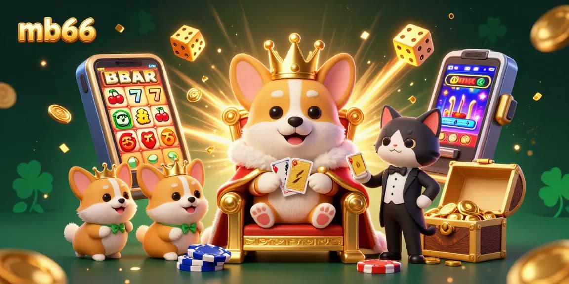 Spin to win big with mb66, illustrated royal corgi on poker chip throne surrounded by vibrant casino elements.