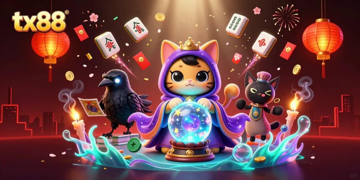 Experience thrilling moments with tx88 through an engaging 3D illustration of casino elements and mystical characters.