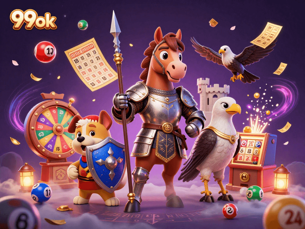Experience thrilling fun at 99ok with a vibrant 3D casino scene featuring lottery elements.