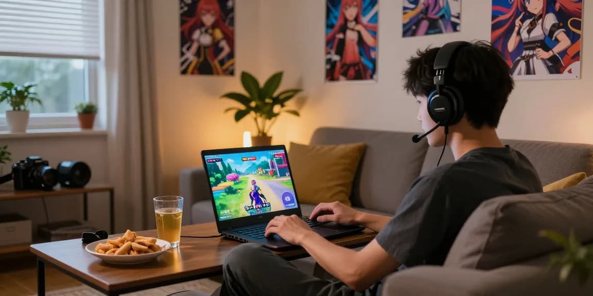 Enjoying hentaigames on laptop in relaxed home gaming setup.