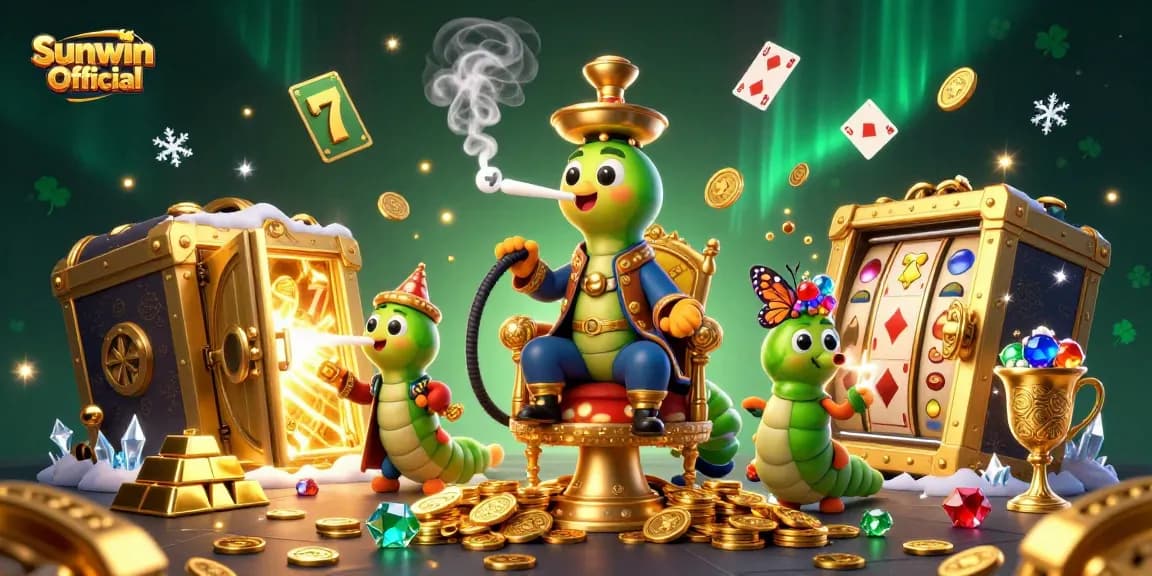 Experience the thrill of gambling with Sunwin Official, featuring a vibrant 3D casino illustration rich with symbols and gold.