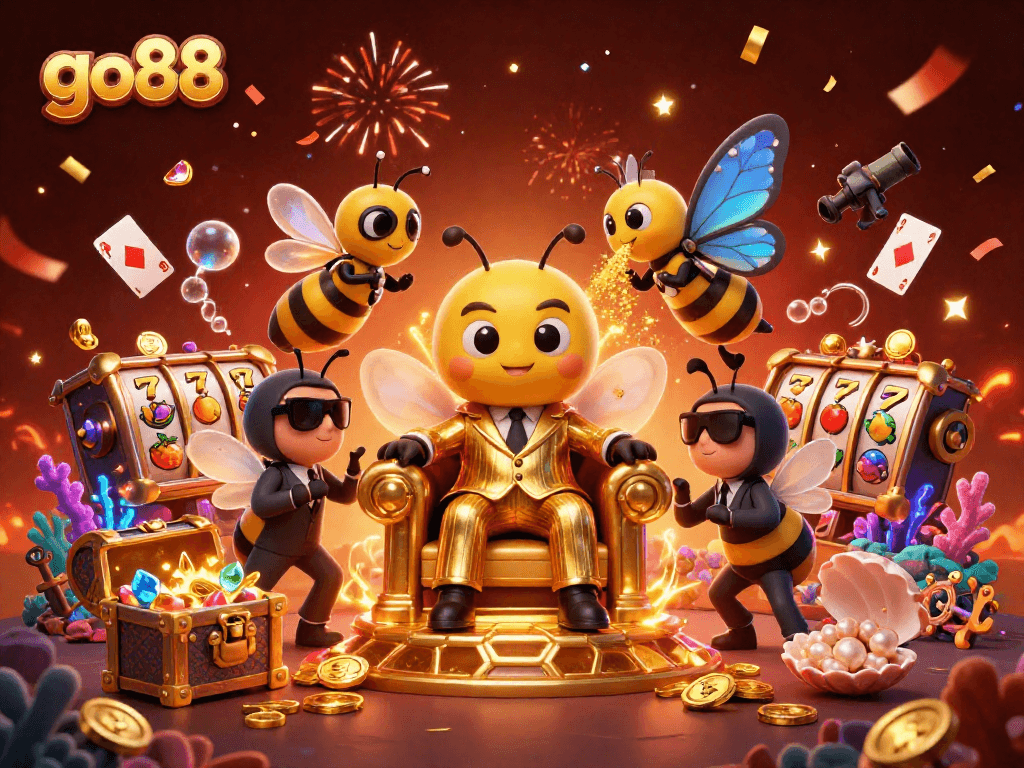 Win big with go88 in a 3D casino scene featuring vibrant characters and gold treasures.