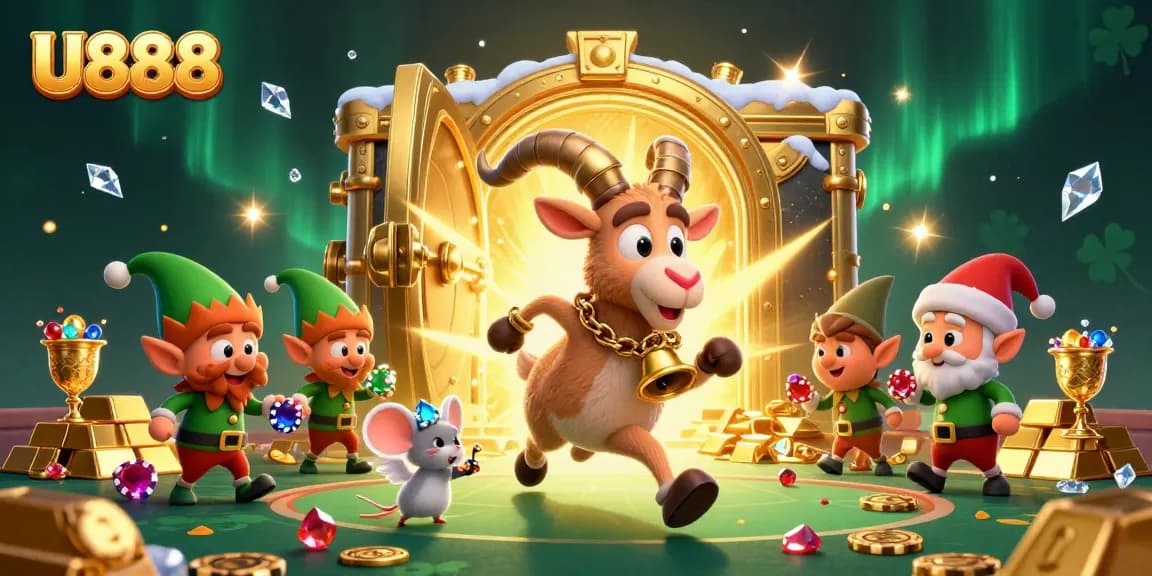 Experience thrilling wins at U888's festive casino with playful characters surrounded by treasures.
