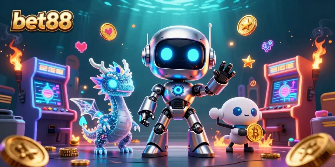 Engage with bet88's thrilling casino experience through a vibrant 3D illustration showcasing gaming elements.