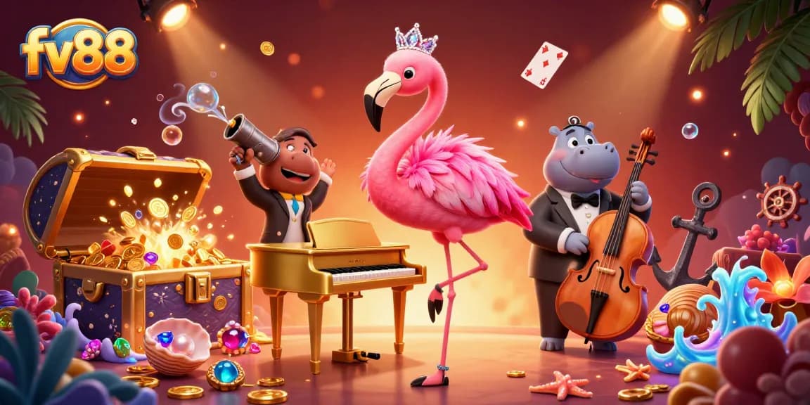 Experience the vibrant energy of fv88 filled with animated characters, dazzling casino elements, and underwater treasures.