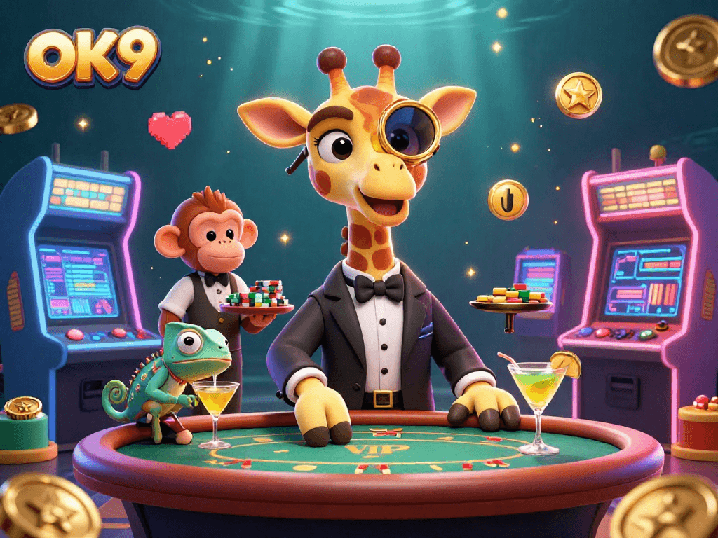 Engage in immersive gaming at OK9, where giraffes deal cards and cocktails flow at a vibrant casino.