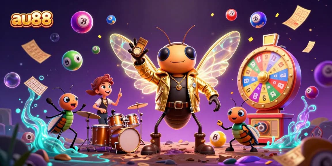 Experience thrilling gaming with au88's dynamic scene featuring a rock star, drummer, and energetic backup singers.