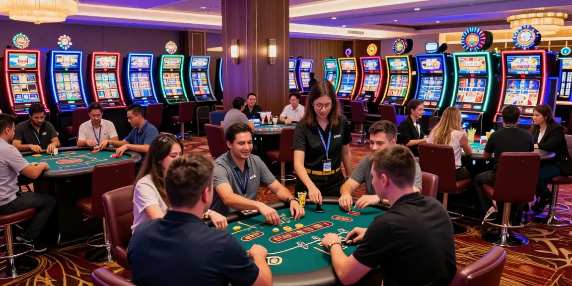 Exciting KO66 casino scene with players engaging in table games and vibrant slot machines.