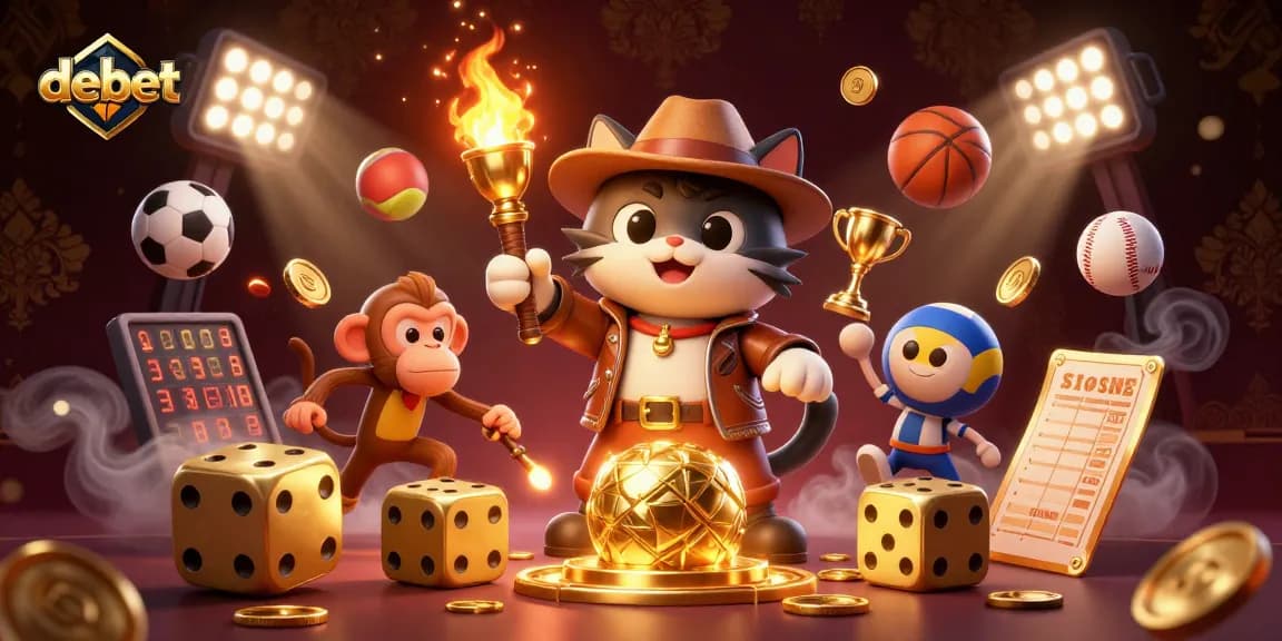Exciting debet scene with a cartoon cat archaeologist uncovering casino treasures amidst dynamic sports elements.