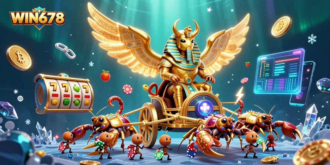 WIN678 showcases vibrant slots and crypto elements in an engaging casino scene.