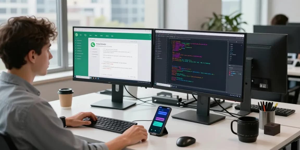 Young professional coding WhatsApp下載 interface at modern tech workspace.