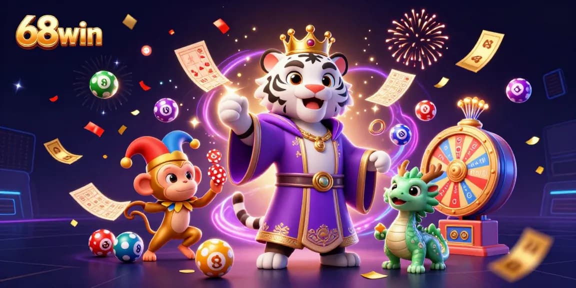 Experience the thrill of 68win with a vibrant scene featuring a royal tiger, jester monkey, and dynamic gambling elements.