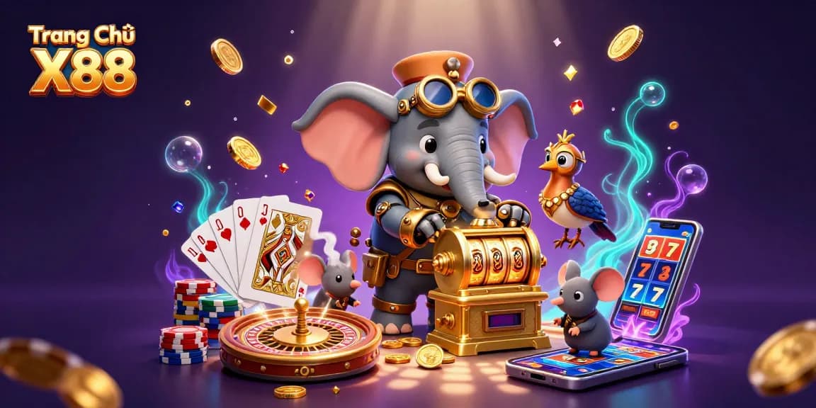 Experience the thrilling world of Trang Chủ X88 with vibrant digital illustrations of slots and casino games.