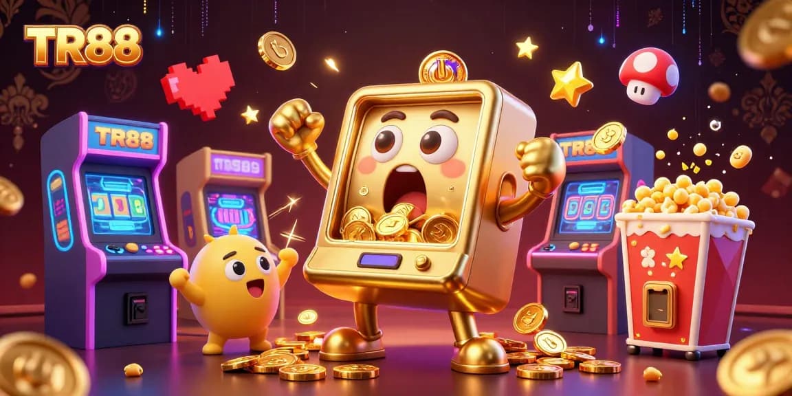 TR88 slot machine hitting a jackpot and spilling coins in a vibrant casino scene with cheering machines.