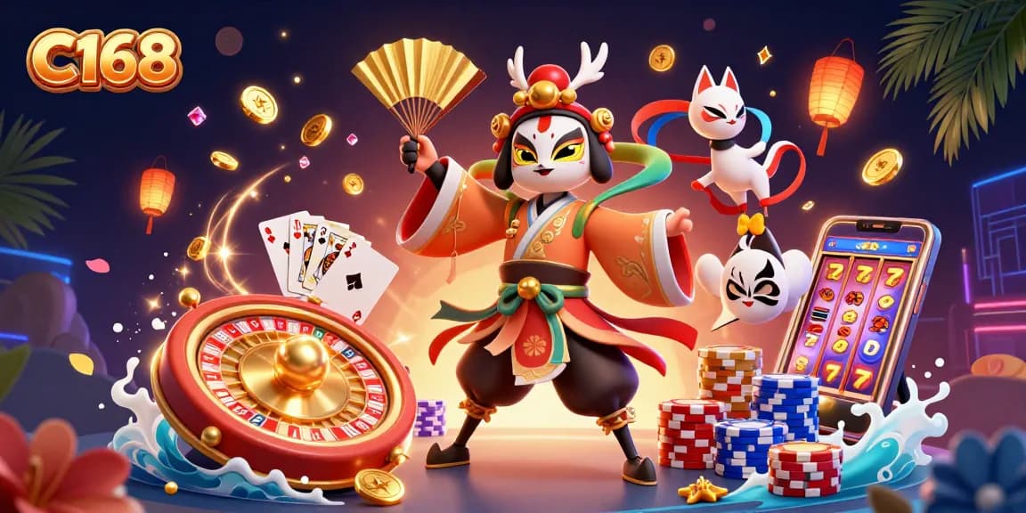 C168 elevates the gaming experience with a vibrant illustration of a kabuki warrior and casino elements.