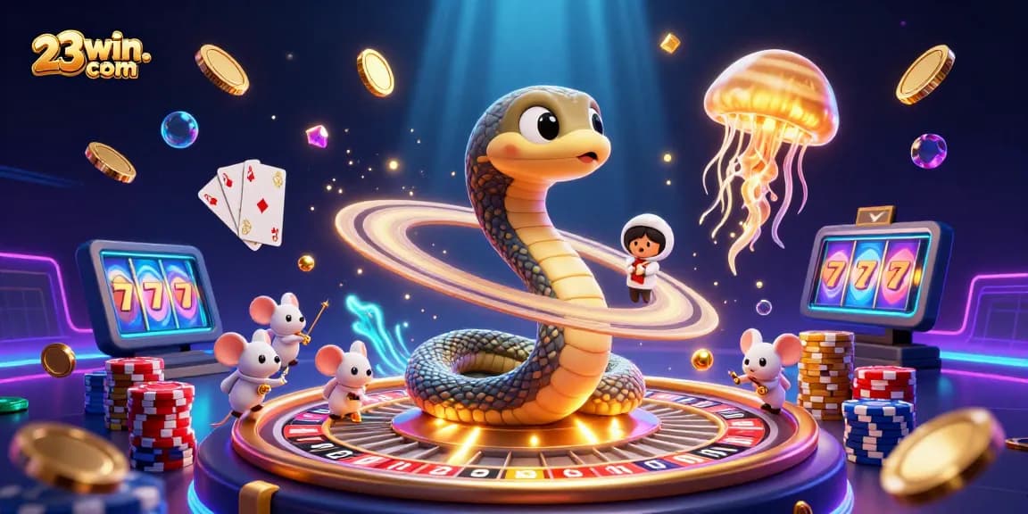 Place bets in a vibrant cosmic casino scene featuring 23win. com with astronauts and a giant jellyfish.
