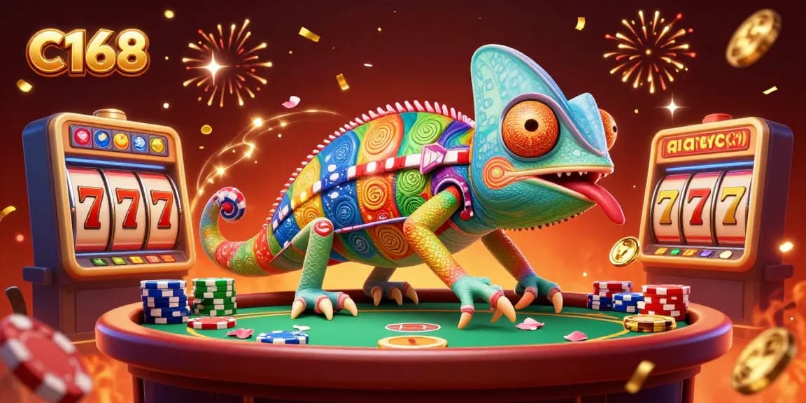 C168 captivates players with a colorful illustration of a chameleon casino owner snatching golden coins in a vibrant gaming scene.