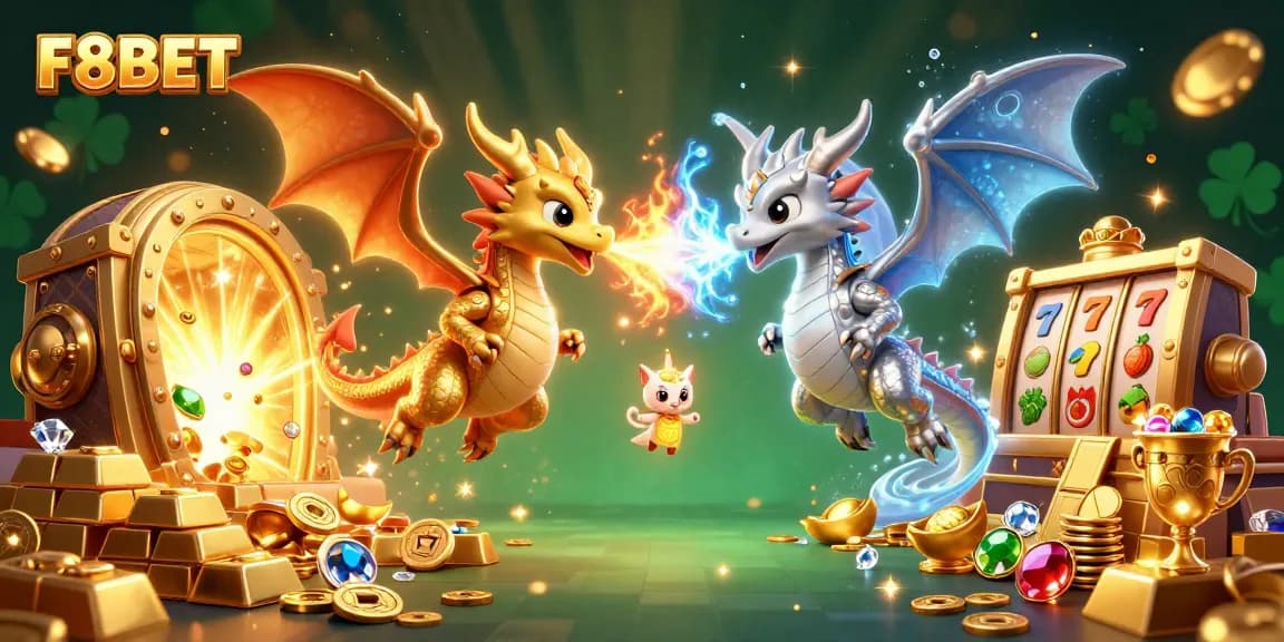Experience F8BET's vibrant casino scene with 3D dragons and sparkling treasures.