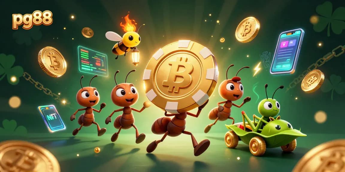 Ants carrying a huge chip in a dynamic scene showcasing pg88, surrounded by crypto elements.