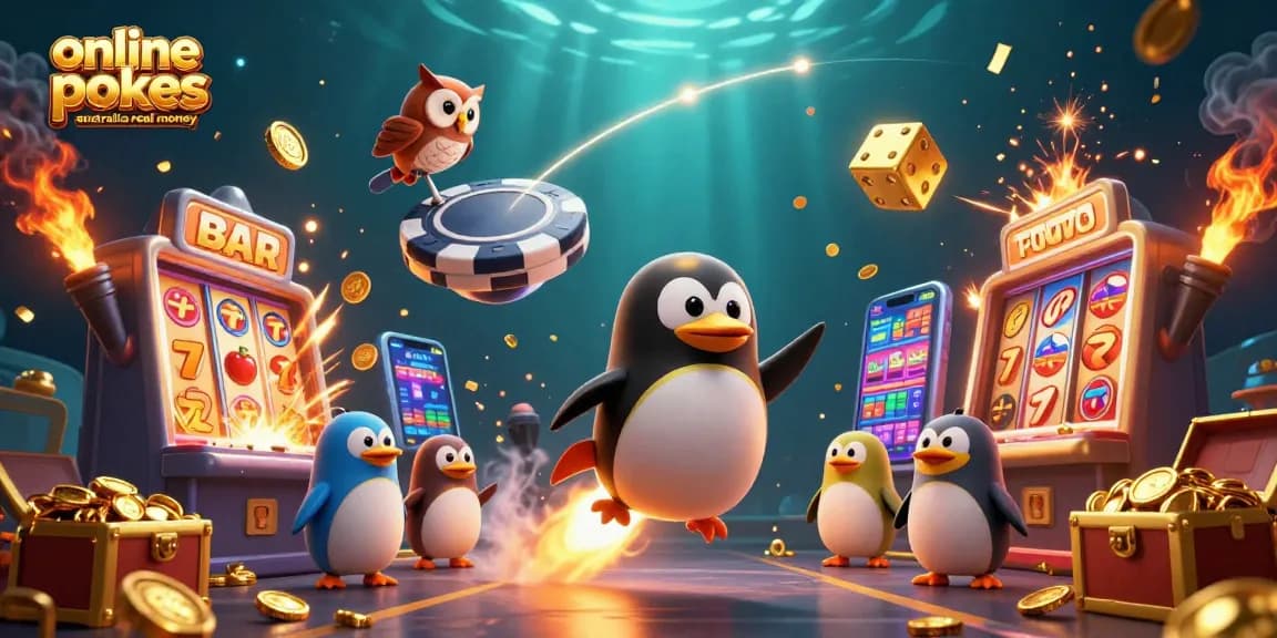 Experience online pokies Australia real money with exciting characters and dynamic casino elements in a 3D illustration.