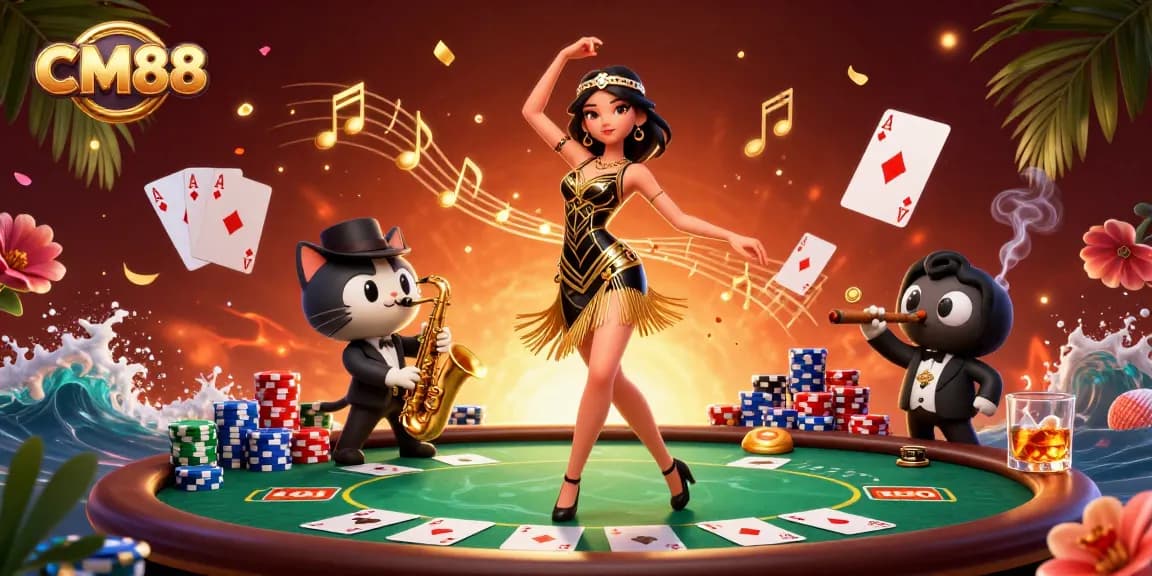 CM88 Casino illustration showcasing a glamorous flapper and a zoot-suited cat among vibrant gambling elements.