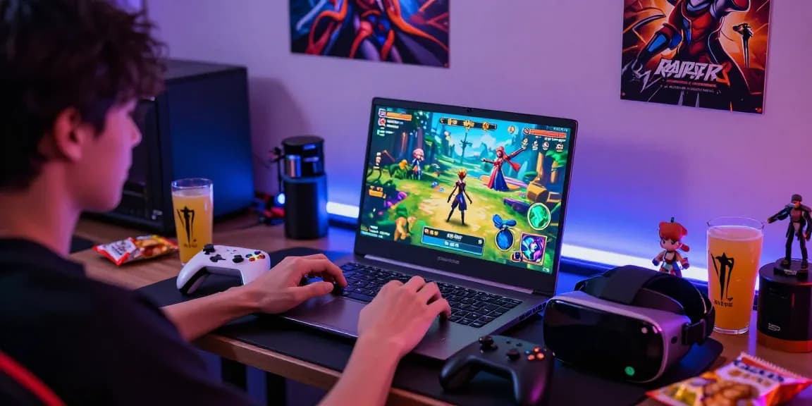 Engaged gamer playing a vibrant hentai game on laptop amidst colorful gaming accessories.