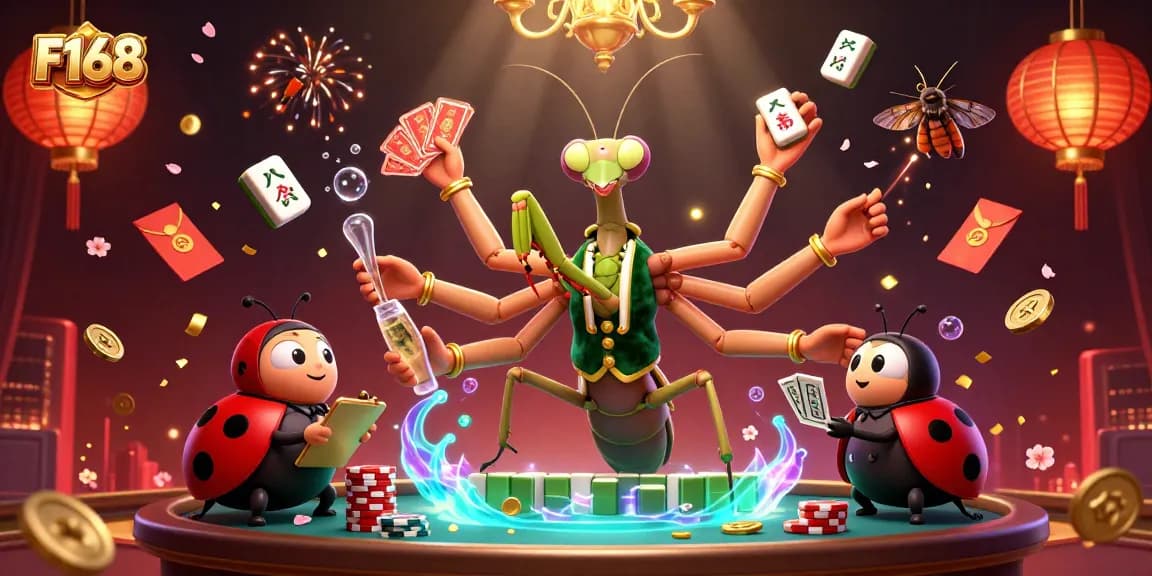 Engage with F168 in a vibrant casino scene featuring a giant praying mantis and ladybug characters.
