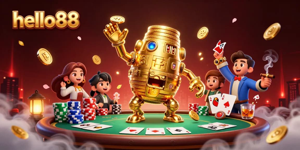 Experience thrilling gaming at hello88 with a vibrant 3D illustration showcasing a golden golem and poker elements.