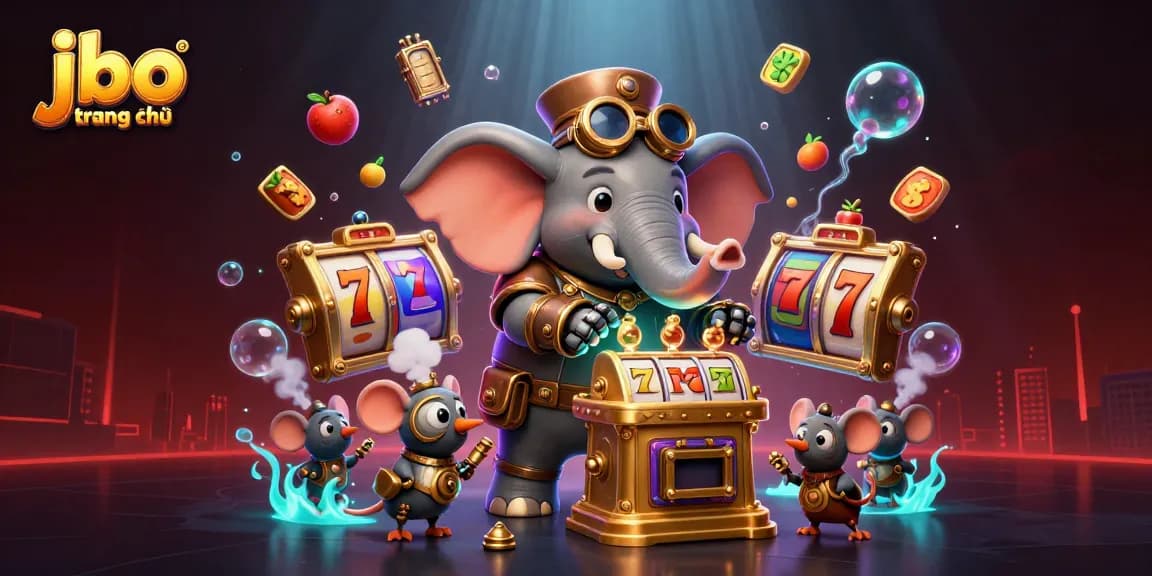 Spin the reels at jbo trang chủ with a whimsical steampunk elephant engineer and colorful slot elements.