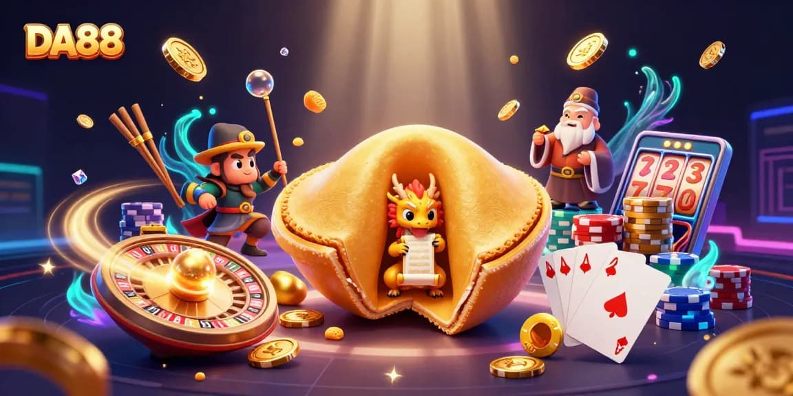 Engage with DA88, featuring a vibrant dragon scene filled with golden treasures and casino excitement.