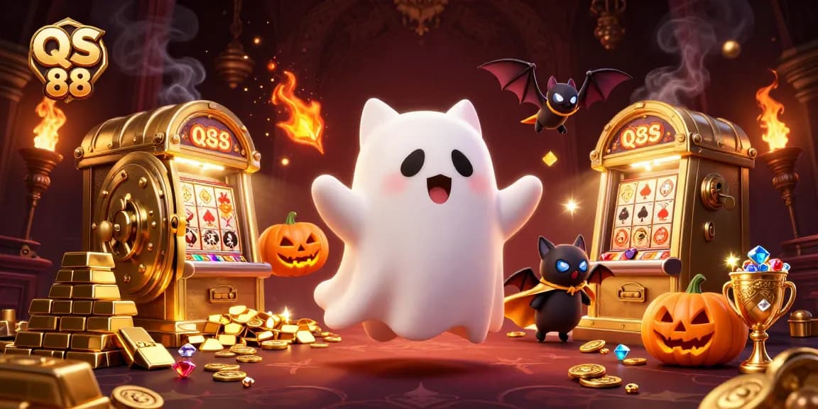 Experience the thrill of QS 88 with a ghost cat and bat in a haunted casino, surrounded by treasure and glowing jackpots.