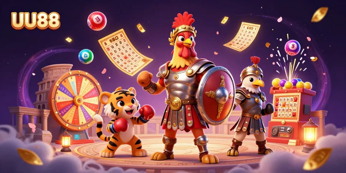 Engage with UU88's dynamic gaming scene showcasing thrilling lottery excitement and casino action.