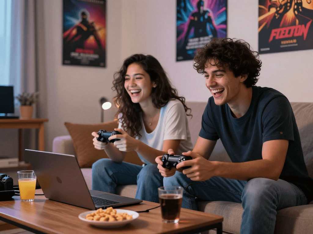 Engaging friends playing porno games on a laptop in a cozy setting.