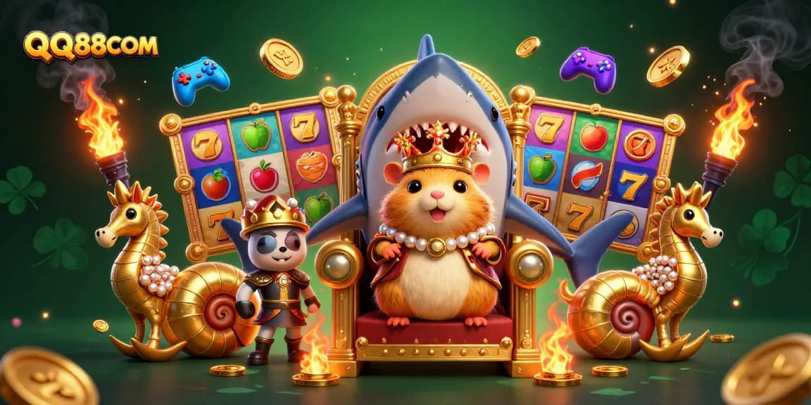 Experience the excitement of QQ88COM with vibrant slots and a fierce hamster king in a dynamic casino scene.