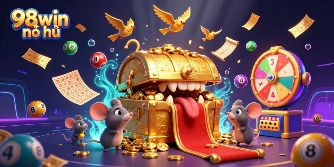 Win big with 98win nổ hũ in this dynamic casino-themed 3D illustration.