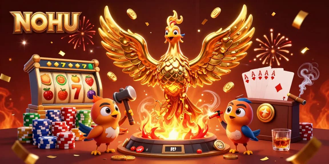 Experience the excitement of NOHU slots with golden phoenix, jackpots, and vibrant casino elements.