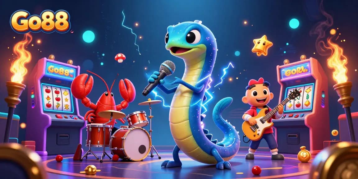 Experience Go88's vibrant underwater casino game scene with electric eel DJ and glowing slot elements.