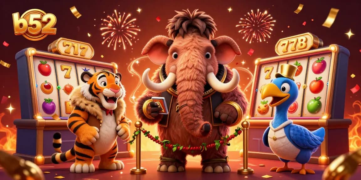 Experience the excitement of b52 casino with a vibrant 3D illustration featuring a playful mammoth doorman.
