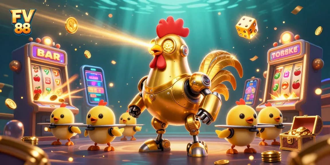 Engage in thrilling jackpots at FV 88 with exploding slot machines and vibrant casino elements.