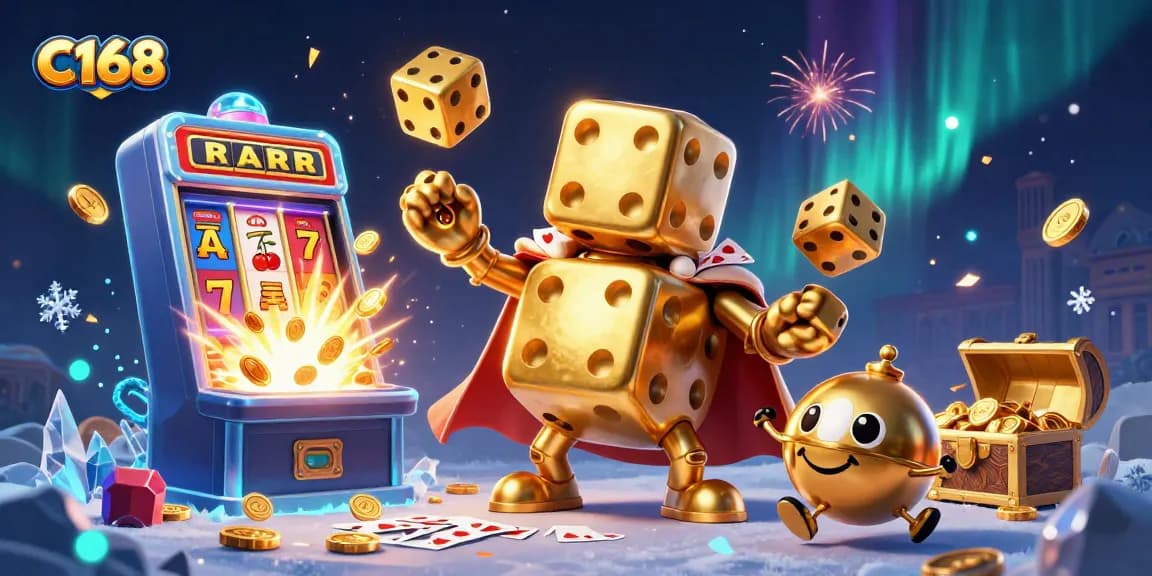C168's thrilling casino experience unfolds with golden dice and vibrant slots, showcasing jackpot excitement.