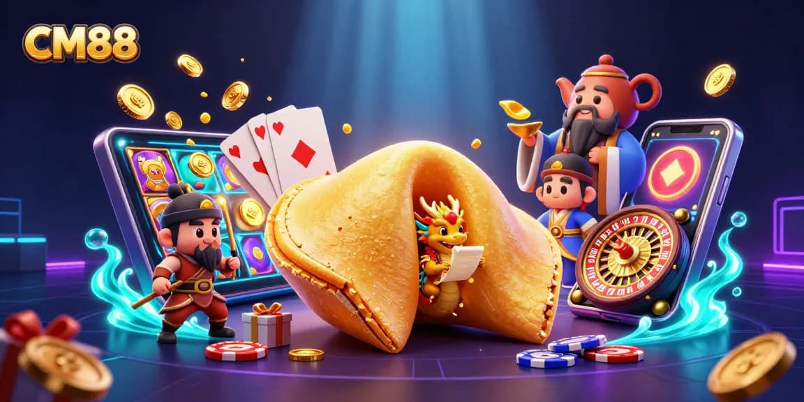 Engage in exciting gameplay with CM88, featuring golden fortune cookies and vibrant slot machines.
