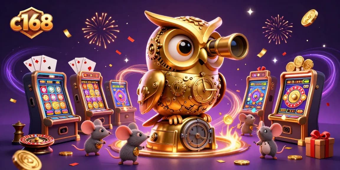 Win big with c168 in a thrilling casino scene filled with gold coins and playful characters.