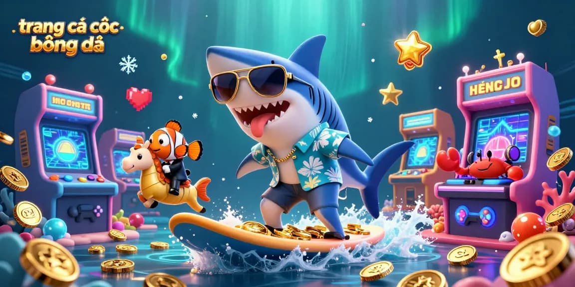 Bet on trang cá cược bóng đá while enjoying a vibrant underwater scene featuring a shark, clownfish, and DJ crab.