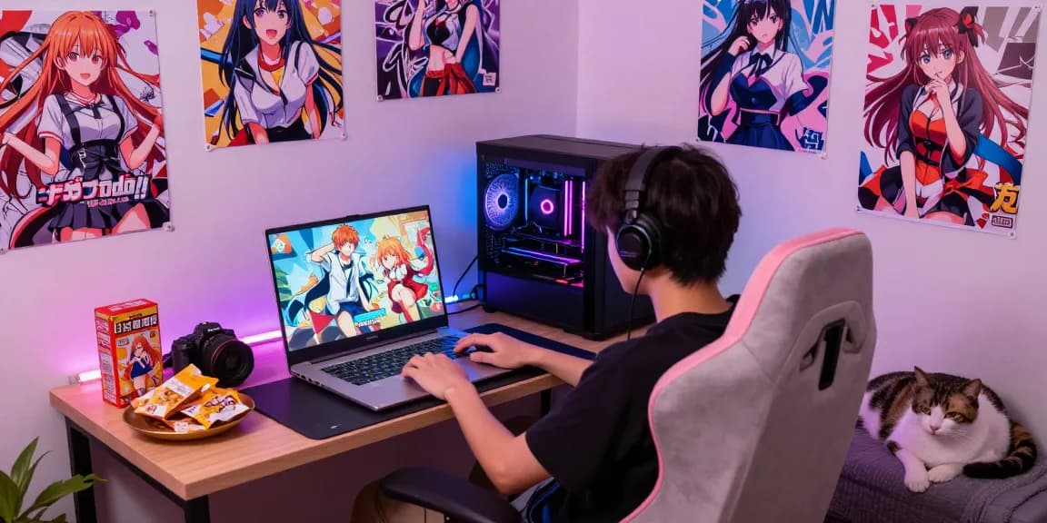 Player enjoying ecchi games in a cozy gaming setup with vibrant decor and snacks.