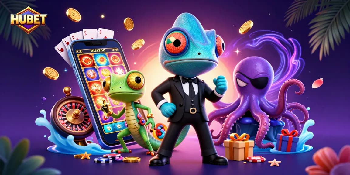 Spin thrilling slots and win at HUBET with vibrant casino characters and colorful gaming elements.