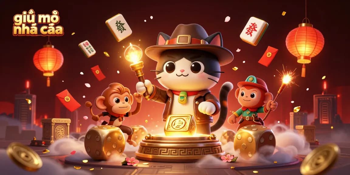 Engage in the world of giải mã nhà cái with a cartoon cat discovering ancient casino artifacts amidst rich gambling elements.