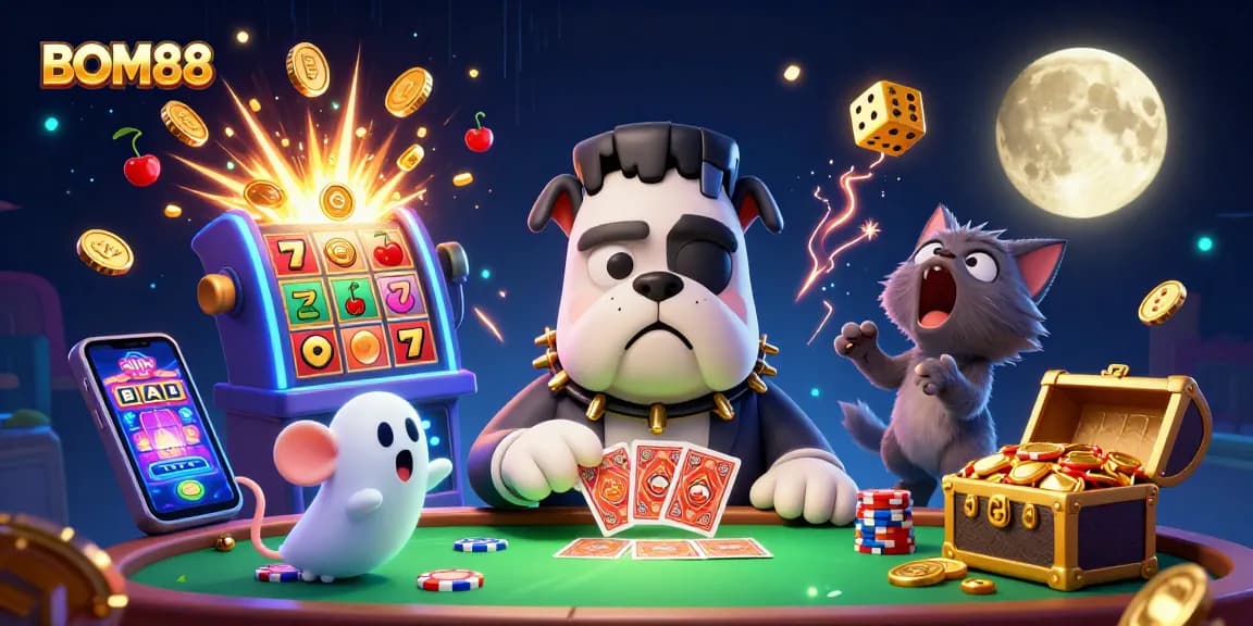 BOM88 showcases a vibrant 3D illustration of a Frankenstein bulldog dealer at a casino table, attracting players.
