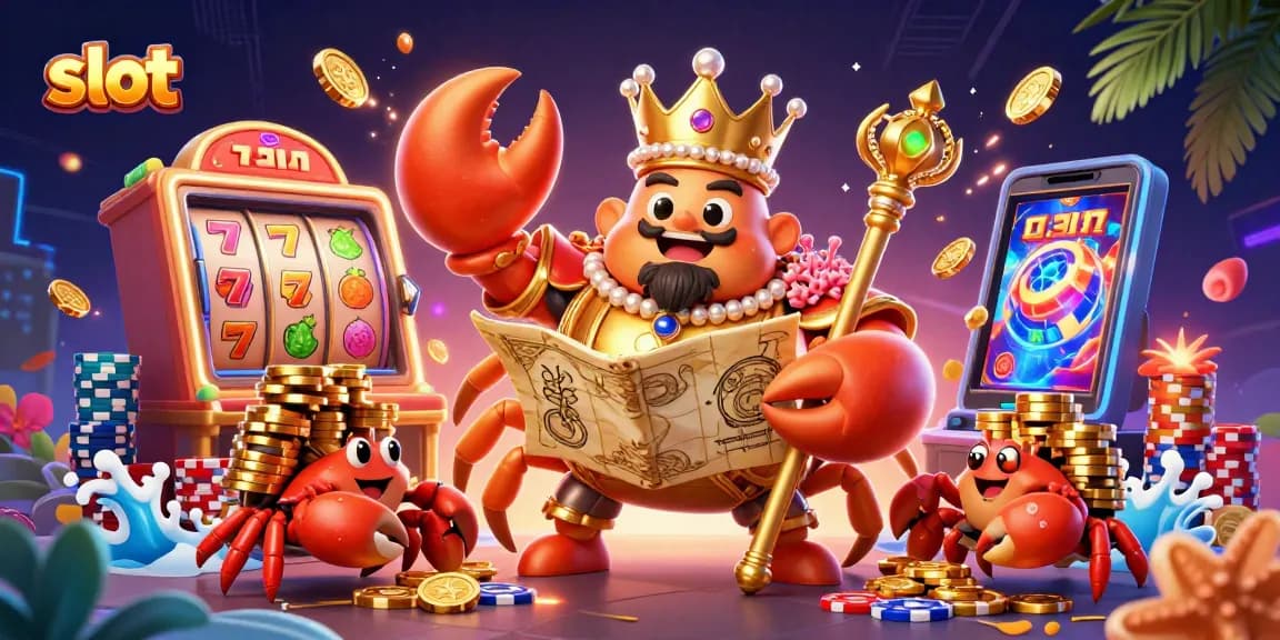 Experience thrilling slot action with a golden crab emperor and treasure at the casino!