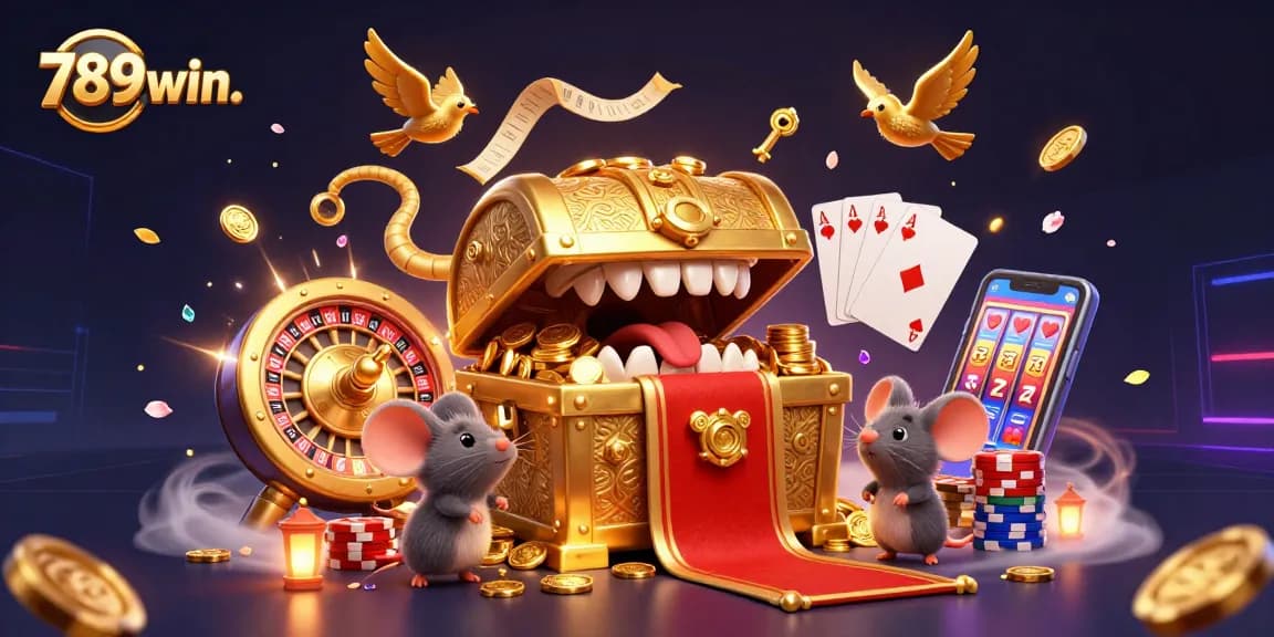 Engage with thrilling 789win. casino games, featuring a 3D treasure chest and vibrant gaming elements.